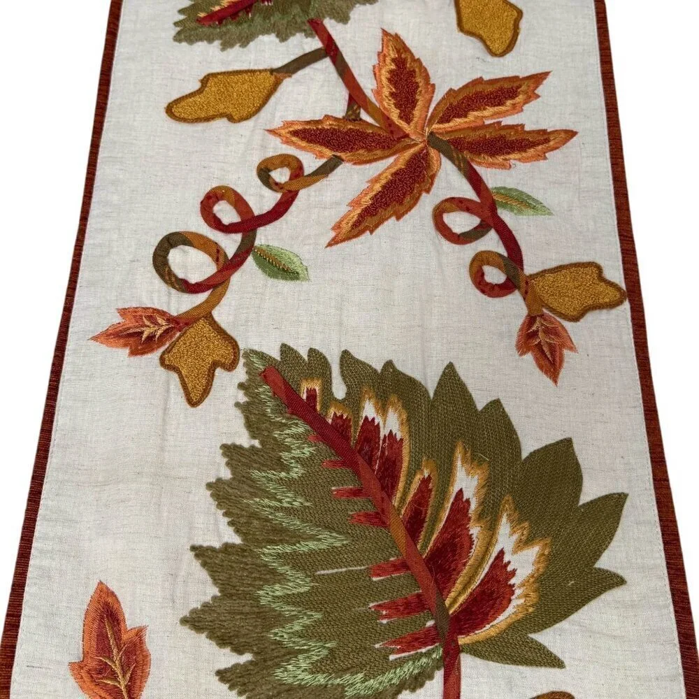 PIER 1 IMPORTS Table Runner Embroidered Harvest Floral and Leaves 14x70